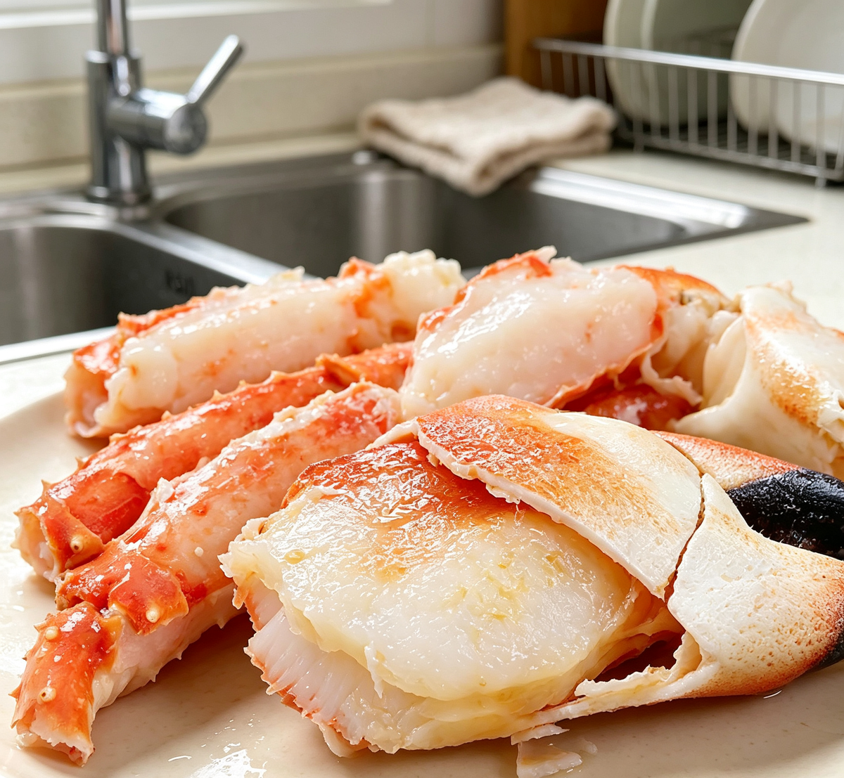 Cooked king crab legs on ice