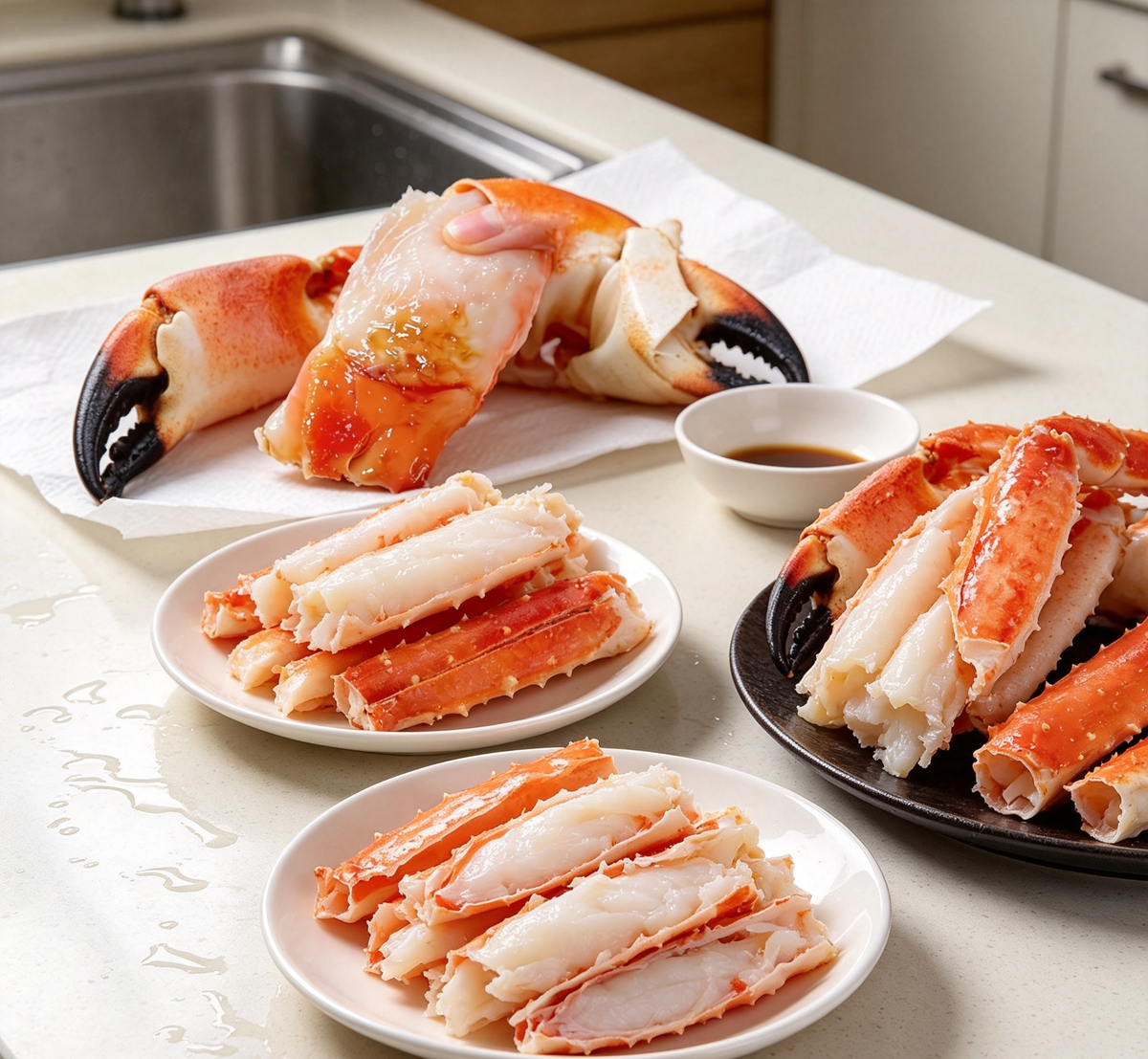 Cooked king crab legs on ice
