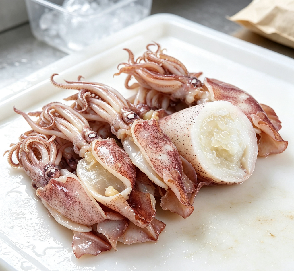 Fresh raw squid with pink-tinged skin