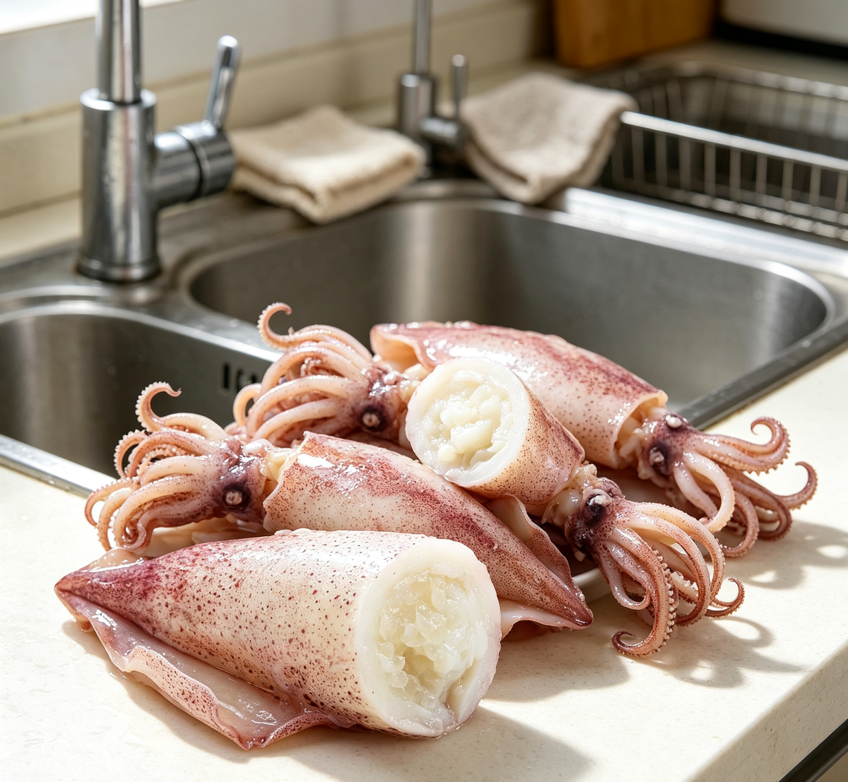 Fresh raw squid with pink-tinged skin