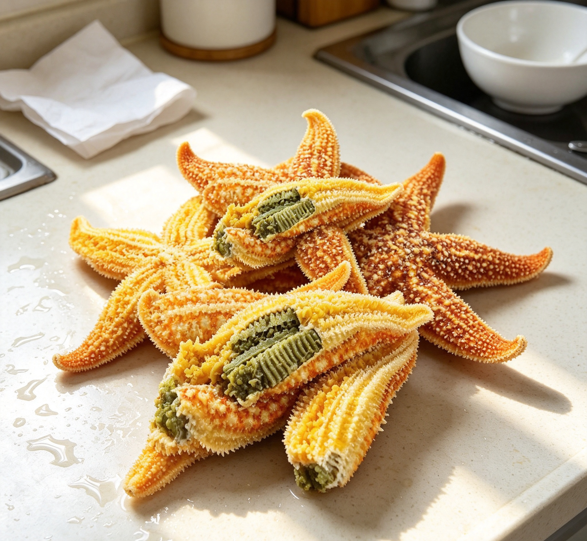 Golden star-shaped seafood delicacies