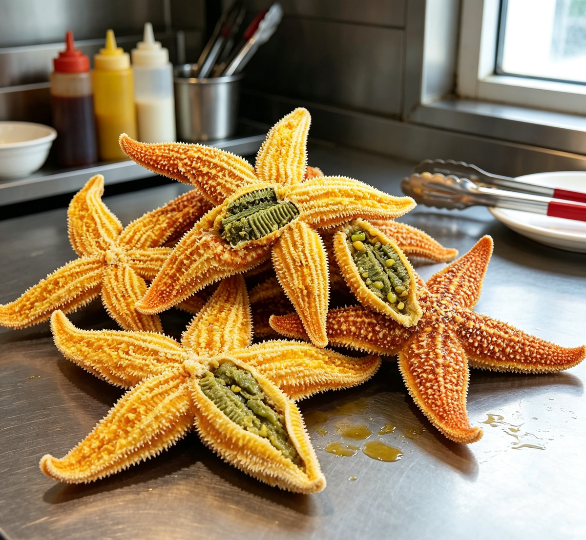 Golden star-shaped seafood delicacies