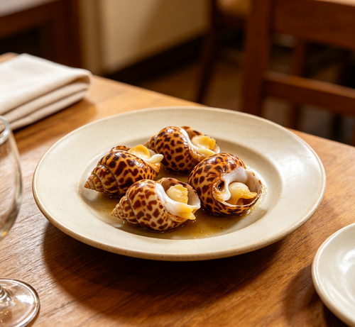 Leopard whelks with spotted shells on a plate
