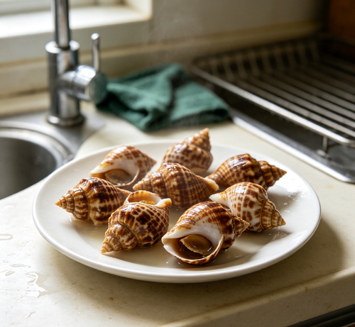 Leopard whelks with spotted shells on a plate