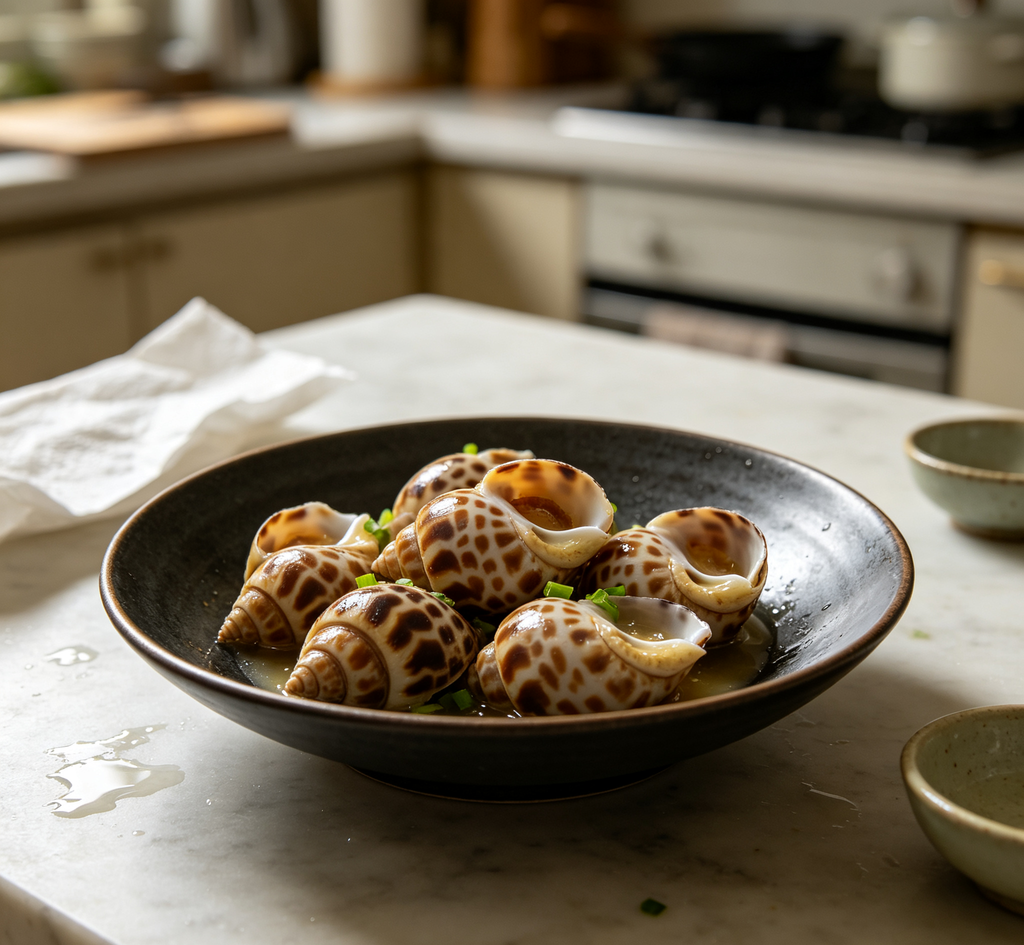 Leopard whelks with spotted shells on a plate