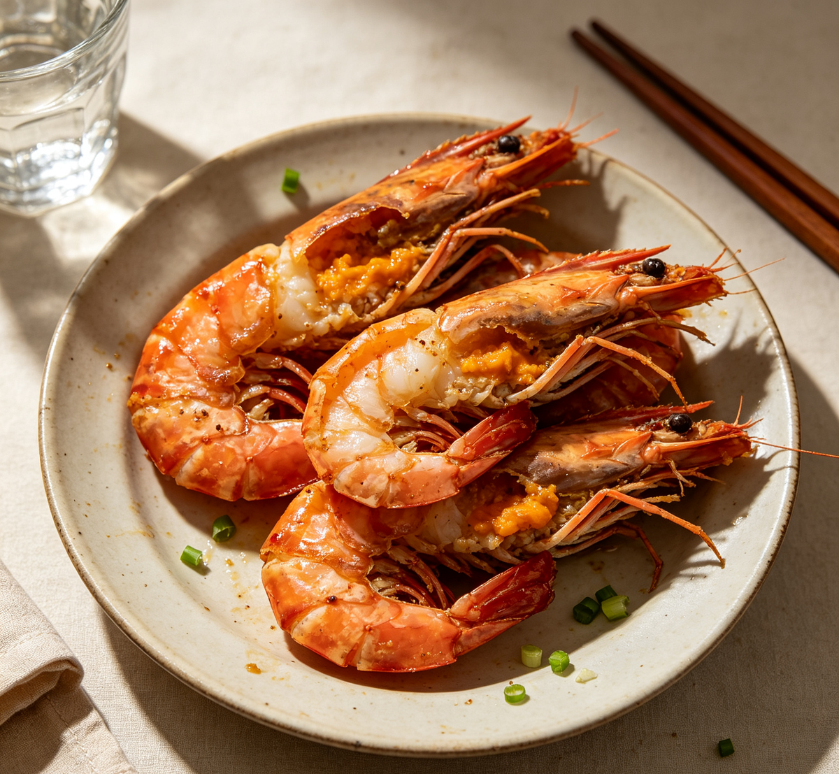 Golden stuffed shrimp garnished with spring onion