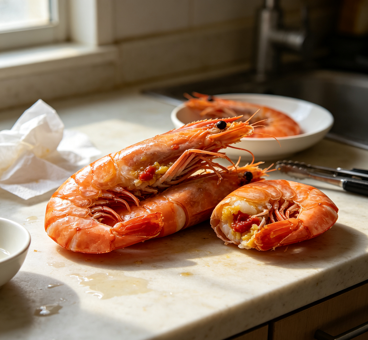 Golden stuffed shrimp garnished with spring onion